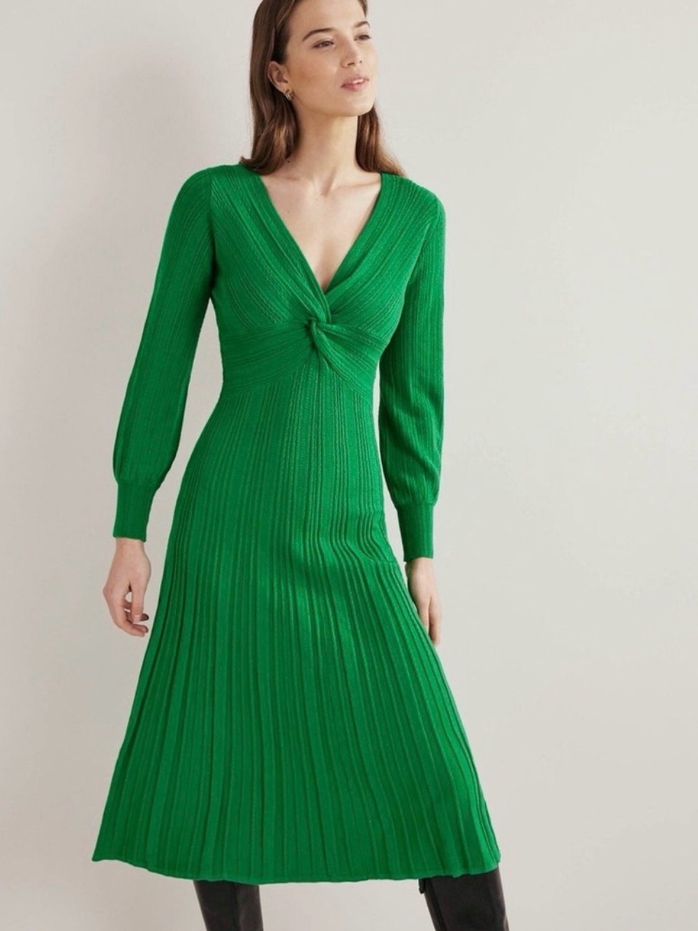 Boden Green Twist-Knot V-Neck Knit Dress
